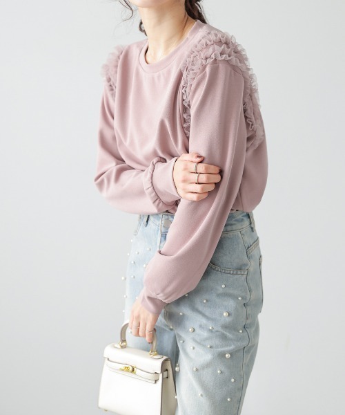 La-gemme(ラジェム)の「ショルダーチュールフリル トップス(スウェット・レディース・ブラック/ホワイト/ピンク・フリー)」の6枚目の写真