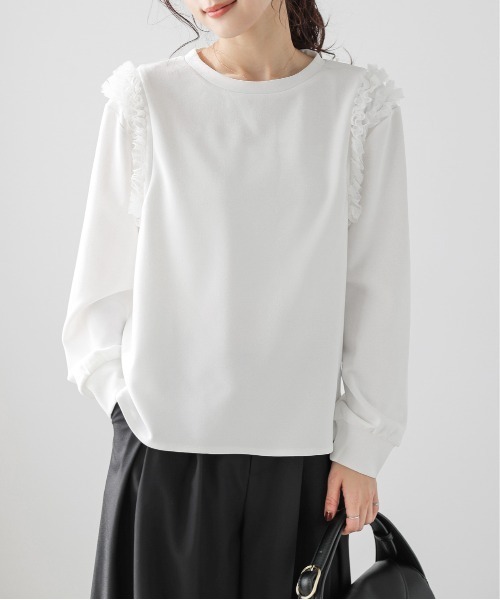 La-gemme(ラジェム)の「ショルダーチュールフリル トップス(スウェット・レディース・ブラック/ホワイト/ピンク・フリー)」の9枚目の写真