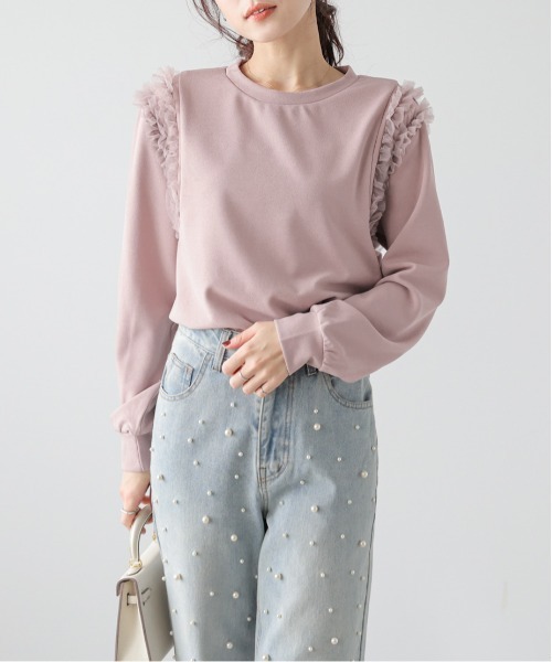 La-gemme(ラジェム)の「ショルダーチュールフリル トップス(スウェット・レディース・ブラック/ホワイト/ピンク・フリー)」の4枚目の写真