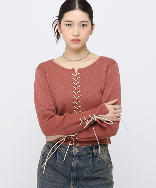 3.3 Field Trip （3.3フィールドトリップ）の「3.3 Field Trip／リブレースアップニット（ニット/セーター・レディース・ベージュ/チャコール/ブラウン・FREE）」の3枚目の写真