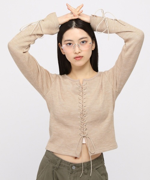 3.3 Field Trip （3.3フィールドトリップ）の「3.3 Field Trip／リブレースアップニット（ニット/セーター・レディース・ベージュ/チャコール/ブラウン・FREE）」の20枚目の写真