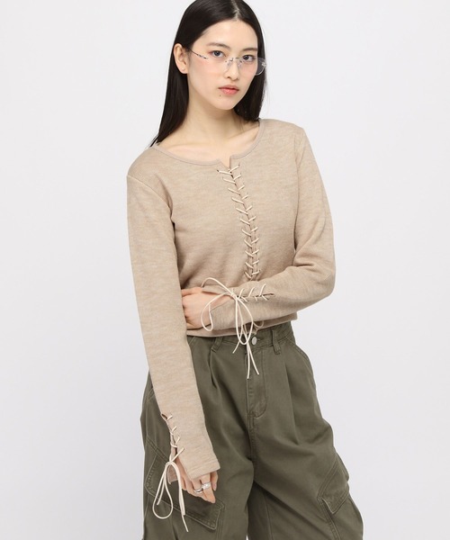 3.3 Field Trip （3.3フィールドトリップ）の「3.3 Field Trip／リブレースアップニット（ニット/セーター・レディース・ベージュ/チャコール/ブラウン・FREE）」の21枚目の写真