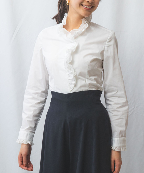 NARACAMICIE（ナラカミーチェ）の「【NARACAMICIE】2重スタンドフリルブロード長袖ブラウス（シャツ/ブラウス・レディース・ネイビー/ホワイト・S/M/L/XL）」の3枚目の写真