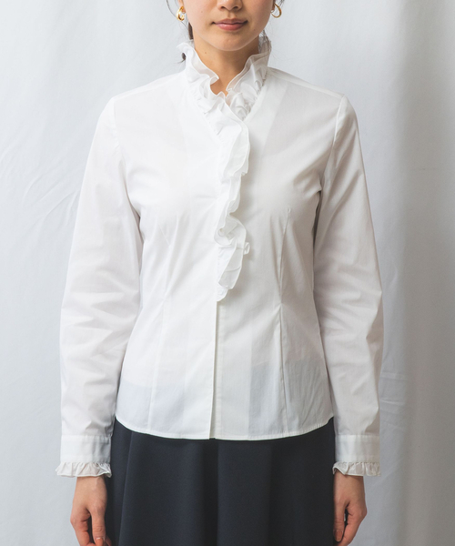 NARACAMICIE（ナラカミーチェ）の「【NARACAMICIE】2重スタンドフリルブロード長袖ブラウス（シャツ/ブラウス・レディース・ネイビー/ホワイト・S/M/L/XL）」の4枚目の写真