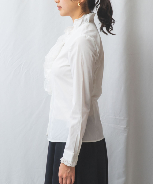 NARACAMICIE（ナラカミーチェ）の「【NARACAMICIE】2重スタンドフリルブロード長袖ブラウス（シャツ/ブラウス・レディース・ネイビー/ホワイト・S/M/L/XL）」の5枚目の写真