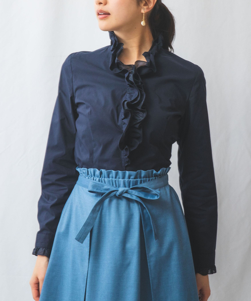 NARACAMICIE（ナラカミーチェ）の「【NARACAMICIE】2重スタンドフリルブロード長袖ブラウス（シャツ/ブラウス・レディース・ネイビー/ホワイト・S/M/L/XL）」の14枚目の写真