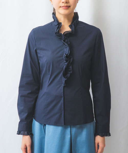 NARACAMICIE（ナラカミーチェ）の「【NARACAMICIE】2重スタンドフリルブロード長袖ブラウス（シャツ/ブラウス・レディース・ネイビー/ホワイト・S/M/L/XL）」の15枚目の写真