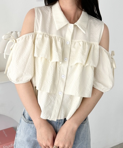 シャツ/ブラウス(半袖/袖なし) styling/ frill-off shoulder top ブラウス レディース 白 夏 オフィス おしゃれ ノースリーブ フリル 袖