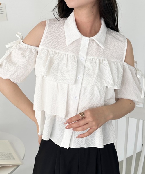 未使用★ ohga FLEUR ブラウス　ホワイト フリル半袖トップス　フリー OHGA オーガ キャンディドット トップス フリルブラウス 水玉