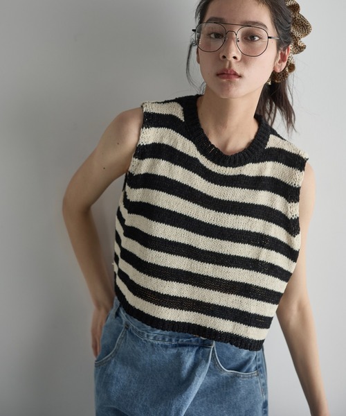 ロゴクロップドニットトップス ETRO ボーダー ロゴ クロップド ニット