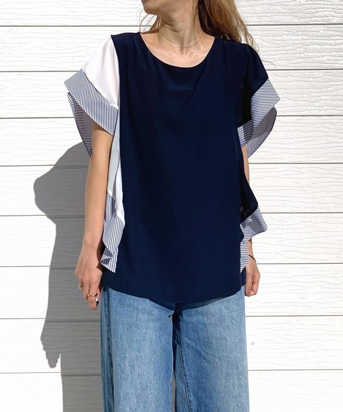 Q(キュー)の「ウェーブシフォンブラウス(シャツ/ブラウス・レディース・ホワイト/ネイビー・MEDIUM)」の12枚目の写真