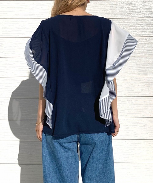 Q(キュー)の「ウェーブシフォンブラウス(シャツ/ブラウス・レディース・ホワイト/ネイビー・MEDIUM)」の14枚目の写真