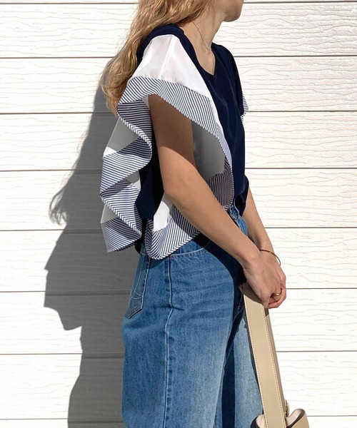 Q(キュー)の「ウェーブシフォンブラウス(シャツ/ブラウス・レディース・ホワイト/ネイビー・MEDIUM)」の22枚目の写真