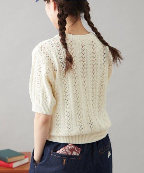 GEVACO（ゲバコ）の「【GEVACO】透かし編み半袖カーディガン（カーディガン/ボレロ・レディース・ブルー/アイボリー/ネイビー/レッド・ONE SIZE）」の9枚目の写真