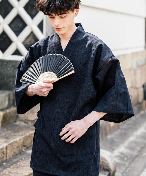 Rocky Monroe(ロッキーモンロー)の「しじら織り甚平 上下セット 無地/ストライプ(浴衣・メンズ・ブラック/ネイビー/グレー/ホワイト/ブラック系1/ネイビー系1・M/L/XL)」の6枚目の写真