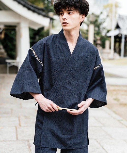Rocky Monroe(ロッキーモンロー)の「しじら織り甚平 上下セット 無地/ストライプ(浴衣・メンズ・ブラック/ネイビー/グレー/ホワイト/ブラック系1/ネイビー系1・M/L/XL)」の5枚目の写真