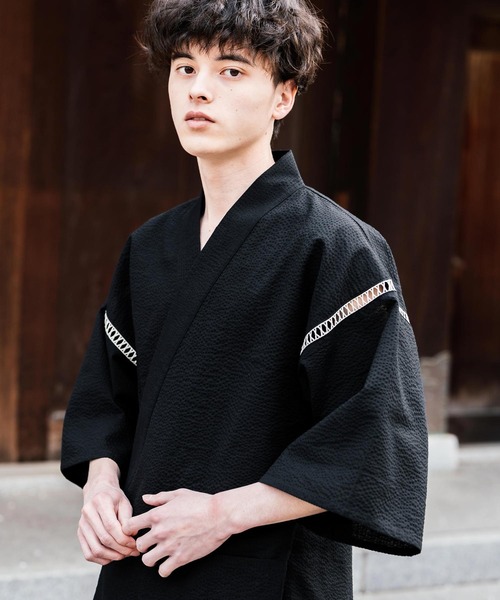 Rocky Monroe(ロッキーモンロー)の「しじら織り甚平 上下セット 無地/ストライプ(浴衣・メンズ・ブラック/ネイビー/グレー/ホワイト/ブラック系1/ネイビー系1・M/L/XL)」の7枚目の写真