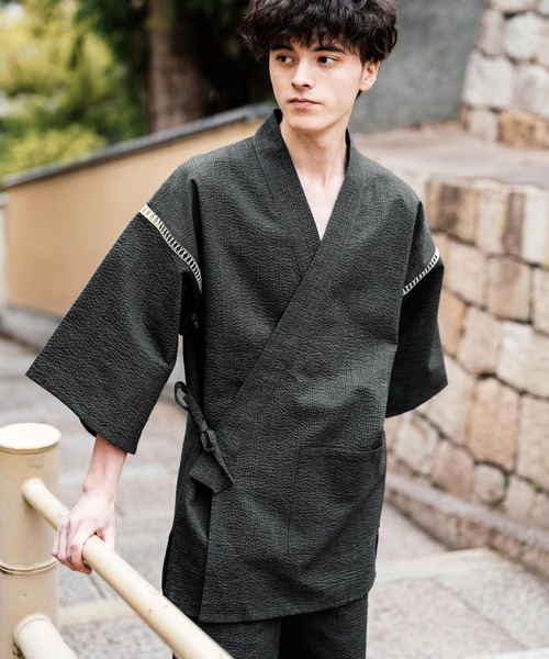 Rocky Monroe(ロッキーモンロー)の「しじら織り甚平 上下セット 無地/ストライプ(浴衣・メンズ・ブラック/ネイビー/グレー/ホワイト/ブラック系1/ネイビー系1・M/L/XL)」の21枚目の写真