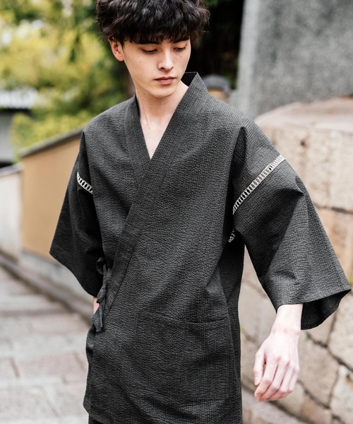 Rocky Monroe(ロッキーモンロー)の「しじら織り甚平 上下セット 無地/ストライプ(浴衣・メンズ・ブラック/ネイビー/グレー/ホワイト/ブラック系1/ネイビー系1・M/L/XL)」の20枚目の写真