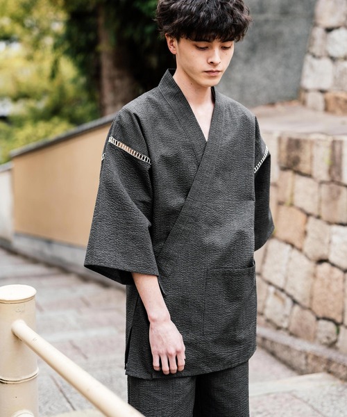 Rocky Monroe(ロッキーモンロー)の「しじら織り甚平 上下セット 無地/ストライプ(浴衣・メンズ・ブラック/ネイビー/グレー/ホワイト/ブラック系1/ネイビー系1・M/L/XL)」の16枚目の写真
