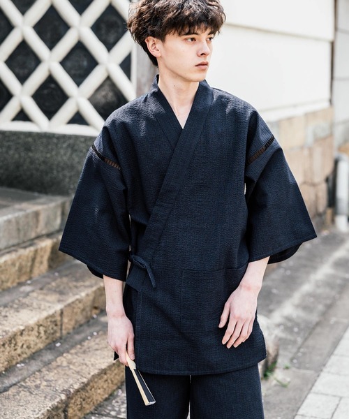 Rocky Monroe(ロッキーモンロー)の「しじら織り甚平 上下セット 無地/ストライプ(浴衣・メンズ・ブラック/ネイビー/グレー/ホワイト/ブラック系1/ネイビー系1・M/L/XL)」の14枚目の写真