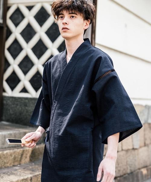 Rocky Monroe(ロッキーモンロー)の「しじら織り甚平 上下セット 無地/ストライプ(浴衣・メンズ・ブラック/ネイビー/グレー/ホワイト/ブラック系1/ネイビー系1・M/L/XL)」の13枚目の写真