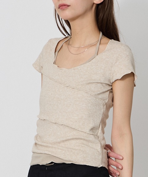 セール】Switching halter neck off-shoulder T-shirt