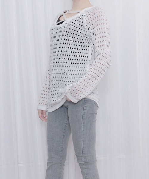 Miniministore(ミニミニストア)の「透かし編みトップス バッククロス春夏秋服(ニット/セーター・レディース・ブラック/ホワイト・FREE)」の15枚目の写真