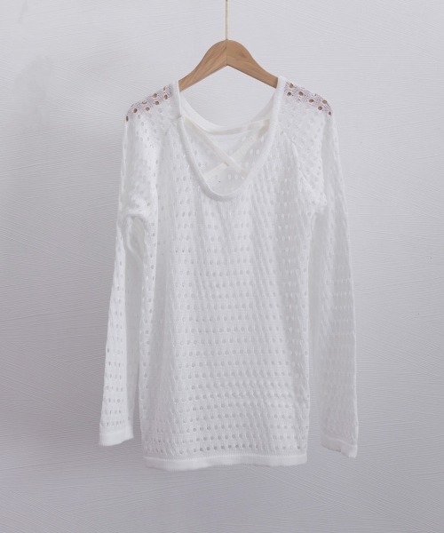 Miniministore(ミニミニストア)の「透かし編みトップス バッククロス春夏秋服(ニット/セーター・レディース・ブラック/ホワイト・FREE)」の18枚目の写真