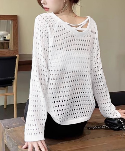 Miniministore(ミニミニストア)の「透かし編みトップス バッククロス春夏秋服(ニット/セーター・レディース・ブラック/ホワイト・FREE)」の21枚目の写真