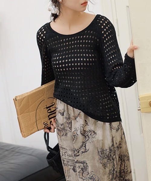 セール】透かし編みトップス バッククロス春夏秋服（ニット