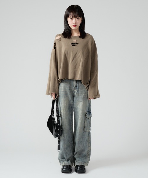 Chick（チック）の「Vintage Like Denim Cargo Pants / ヴィンテージ風デニムカーゴパンツ（デニムパンツ・レディース・ブラック/ブルー・L/M）」の9枚目の写真