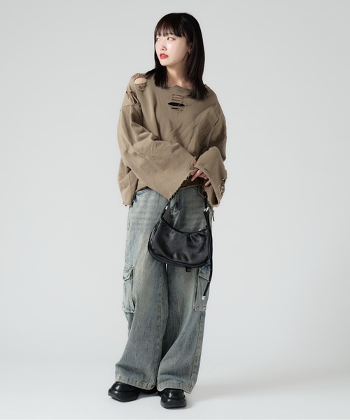 Chick（チック）の「Vintage Like Denim Cargo Pants / ヴィンテージ風デニムカーゴパンツ（デニムパンツ・レディース・ブラック/ブルー・L/M）」の12枚目の写真
