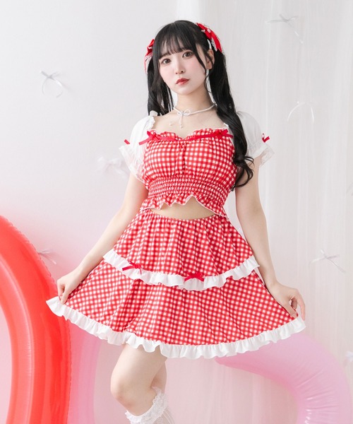 DearMyLove（ディアマイラブ）の「6wayフリルリボン水着（水着・レディース・サックスブルー/ベビーピンク/ブラック/ラベンダー/チェック/レッド・MEDIUM/LARGE/LL）」の6枚目の写真