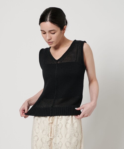 一度着用【GALERIE VIE】メッシュノースリーブコットンニット⭐︎ブラック コットンメッシュ ノースリーブ BLACK – TIME AFTER TIME