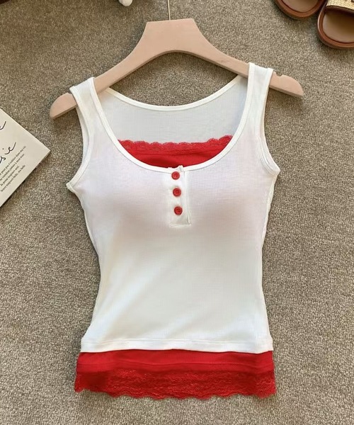 HALEY PESCA（ヘーリーペスカ）の「HALEY PESCA/カップ付き　バイカラー　レイヤードレースタンクトップ（タンクトップ・レディース・ブラック/レッド/グレー/ホワイト・FREE）」の7枚目の写真