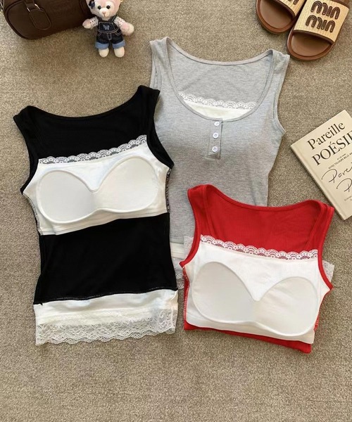 HALEY PESCA（ヘーリーペスカ）の「HALEY PESCA/カップ付き　バイカラー　レイヤードレースタンクトップ（タンクトップ・レディース・ブラック/レッド/グレー/ホワイト・FREE）」の11枚目の写真