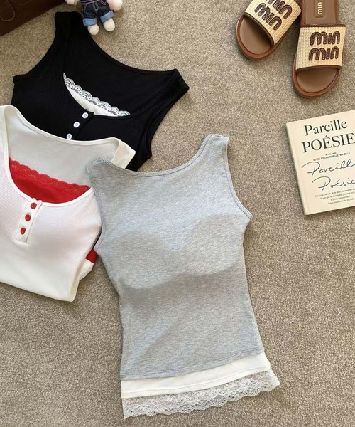 HALEY PESCA（ヘーリーペスカ）の「HALEY PESCA/カップ付き　バイカラー　レイヤードレースタンクトップ（タンクトップ・レディース・ブラック/レッド/グレー/ホワイト・FREE）」の12枚目の写真