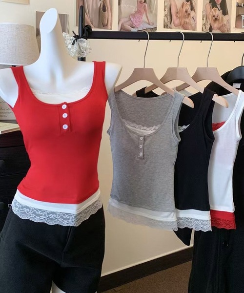 HALEY PESCA（ヘーリーペスカ）の「HALEY PESCA/カップ付き　バイカラー　レイヤードレースタンクトップ（タンクトップ・レディース・ブラック/レッド/グレー/ホワイト・FREE）」の15枚目の写真