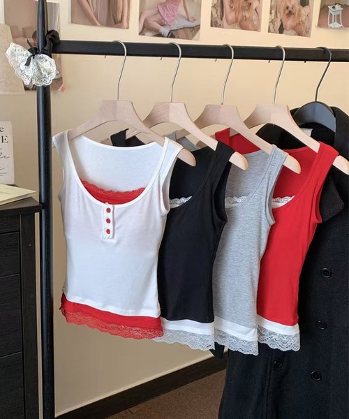 HALEY PESCA（ヘーリーペスカ）の「HALEY PESCA/カップ付き　バイカラー　レイヤードレースタンクトップ（タンクトップ・レディース・ブラック/レッド/グレー/ホワイト・FREE）」の16枚目の写真