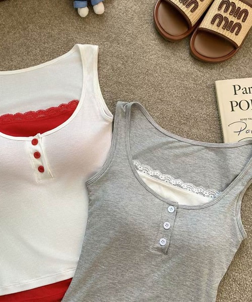 HALEY PESCA（ヘーリーペスカ）の「HALEY PESCA/カップ付き　バイカラー　レイヤードレースタンクトップ（タンクトップ・レディース・ブラック/レッド/グレー/ホワイト・FREE）」の21枚目の写真