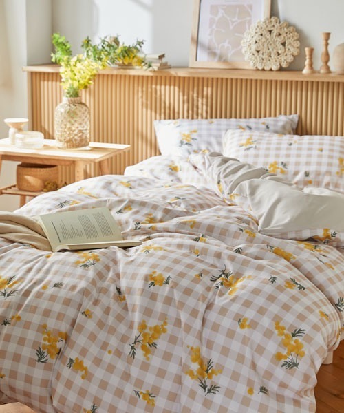 布団カバーセット ギンガムチェック×ミモザ柄 2点セット｜シングル
