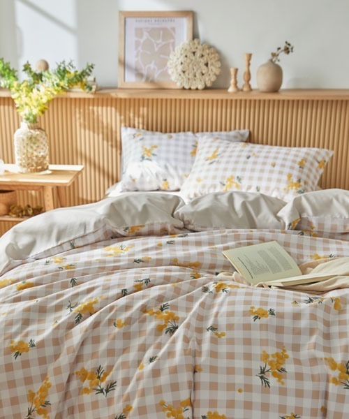 布団カバーセット ギンガムチェック×ミモザ柄 2点セット｜シングル
