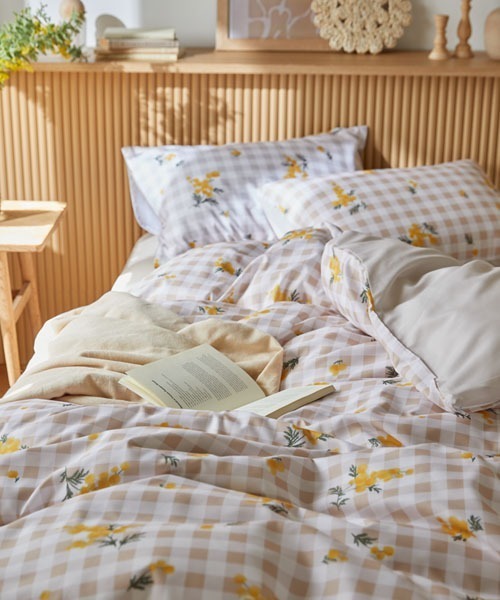 布団カバーセット ギンガムチェック×ミモザ柄 2点セット｜シングル