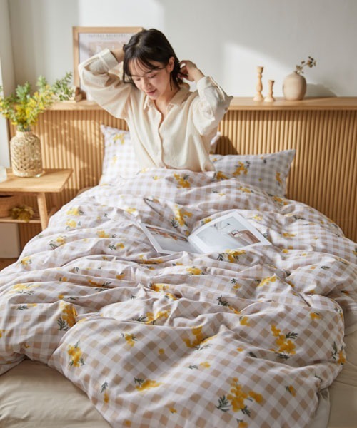 布団カバーセット ギンガムチェック×ミモザ柄 2点セット｜シングル