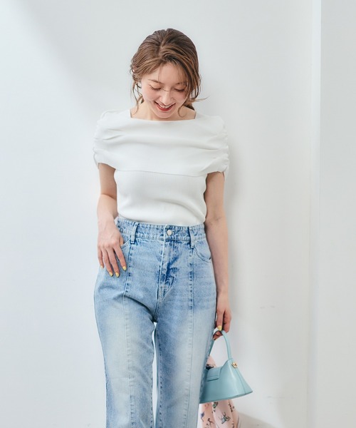 12Twelve Agenda(トゥエルブ アジェンダ)の「サイドドロストドレープオフショルフレンチスリーブニットプルオーバー(ニット/セーター・レディース・ブラック/グリーン/オフホワイト/ブルー・M)」の22枚目の写真