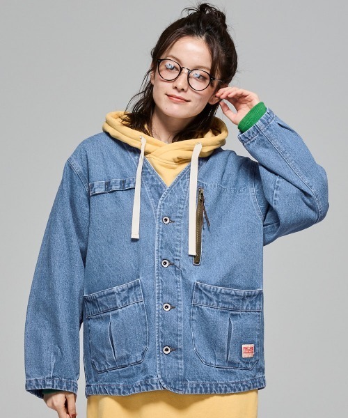 KRIFF MAYER Lady's Collection（クリフメイヤーレディースコレクション）の「【綿100%】ノーカラーデニムジャケット（デニムジャケット・レディース・ストライプ/ライトブルー/ナチュラル/ダークブルー・LARGE/MEDIUM）」の12枚目の写真