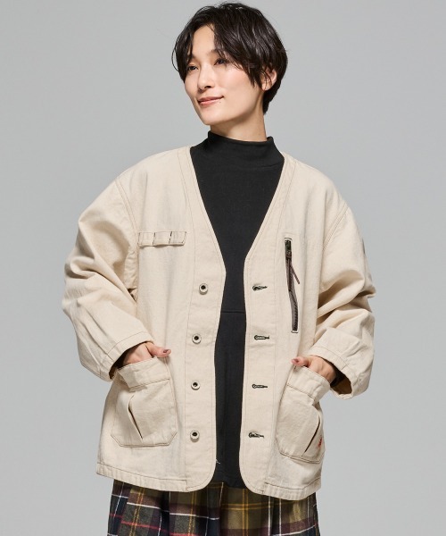 KRIFF MAYER Lady's Collection（クリフメイヤーレディースコレクション）の「【綿100%】ノーカラーデニムジャケット（デニムジャケット・レディース・ストライプ/ライトブルー/ナチュラル/ダークブルー・LARGE/MEDIUM）」の5枚目の写真