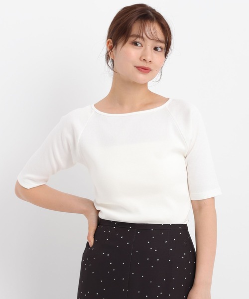 Andemiu（アンデミュウ）の「リブボートネック5分袖カットソー587124（Tシャツ/カットソー・レディース・ブラック/オフホワイト/ブラウン・FREE）」の2枚目の写真