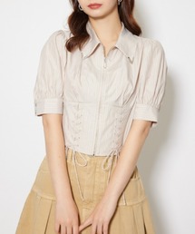 コンパクトレースアップブラウス 夏服 半袖 秋服